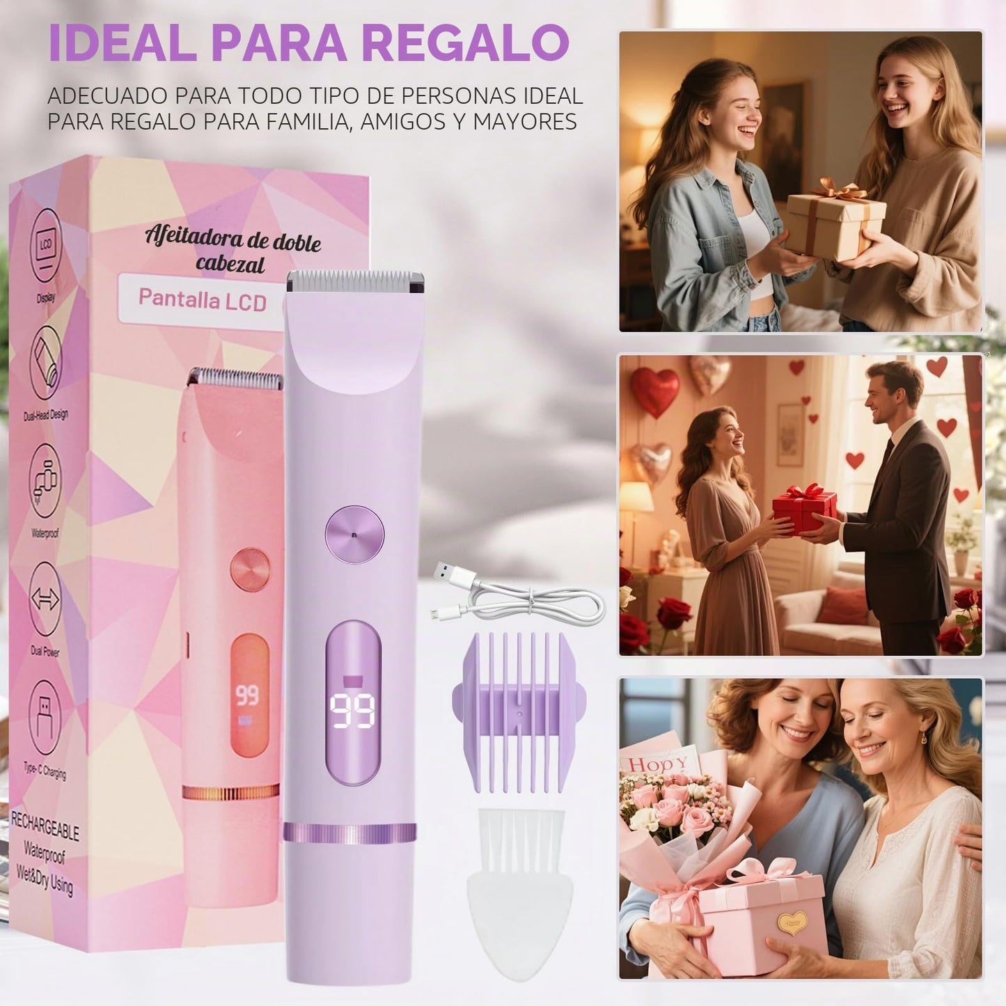 Midslinee Afeitadora Eléctrica 2 en 1 para Muje, Cortapelos Corporal para Mujer Recortadora para Zona Bikini Afeitado de Piernas Impermeable Pantalla LCD Seco/Mojado (Violeta)