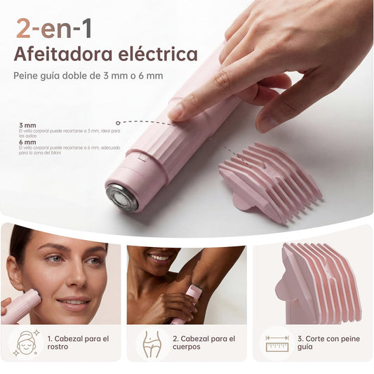 Afeitadora Eléctrica para Mujer, Recortadora 3 en 1 para Rostro y Zonas Íntimas, para Piernas, Brazos, Axilas y Línea del Bikini, Recargable por USB, Apta para Pieles Sensibles (Rosa)