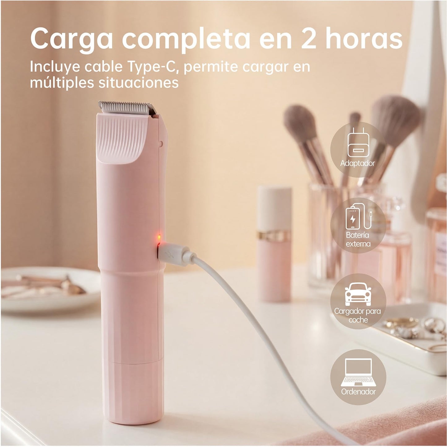 Afeitadora Eléctrica para Mujer, Recortadora 3 en 1 para Rostro y Zonas Íntimas, para Piernas, Brazos, Axilas y Línea del Bikini, Recargable por USB, Apta para Pieles Sensibles (Rosa)