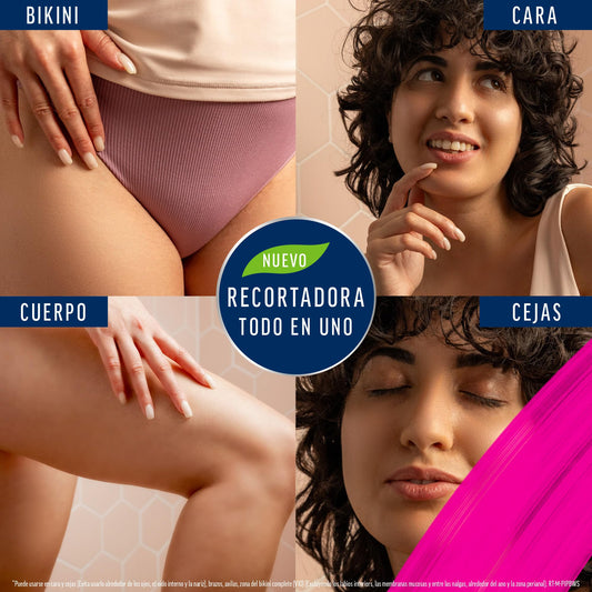 Veet Recortadora Todo en Uno, Bikini y Cuerpo Completo, Cara y Cejas, Rasuradora Mujer Zona Íntima Resistente al Agua, Con 2 Cabezales y 4 Peines para precisión, con Cargador USB