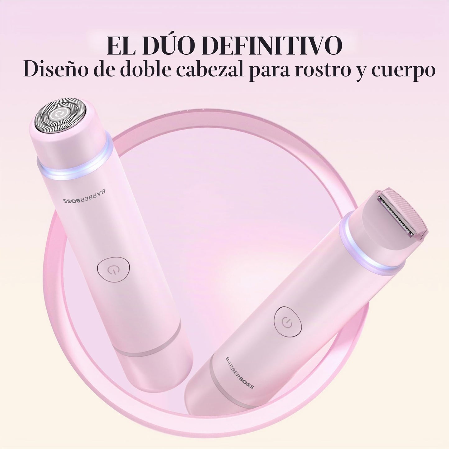 BarberBoss Kit de afeitadora 2 en 1 para mujer, kit de depilación facial y bikini de doble cabeza con luz de precisión, juego de recortadora de viaje recargable (Rosa)