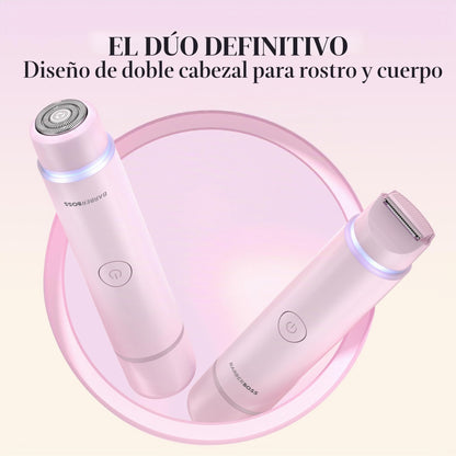 BarberBoss Kit de afeitadora 2 en 1 para mujer, kit de depilación facial y bikini de doble cabeza con luz de precisión, juego de recortadora de viaje recargable (Rosa)