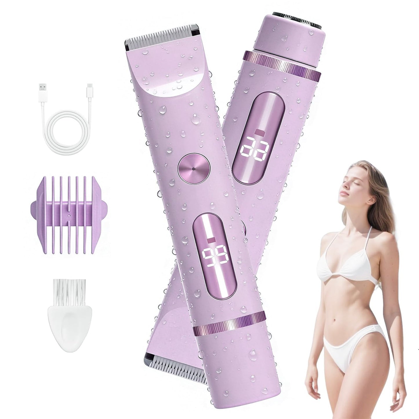 Midslinee Afeitadora Eléctrica 2 en 1 para Muje, Cortapelos Corporal para Mujer Recortadora para Zona Bikini Afeitado de Piernas Impermeable Pantalla LCD Seco/Mojado (Violeta)