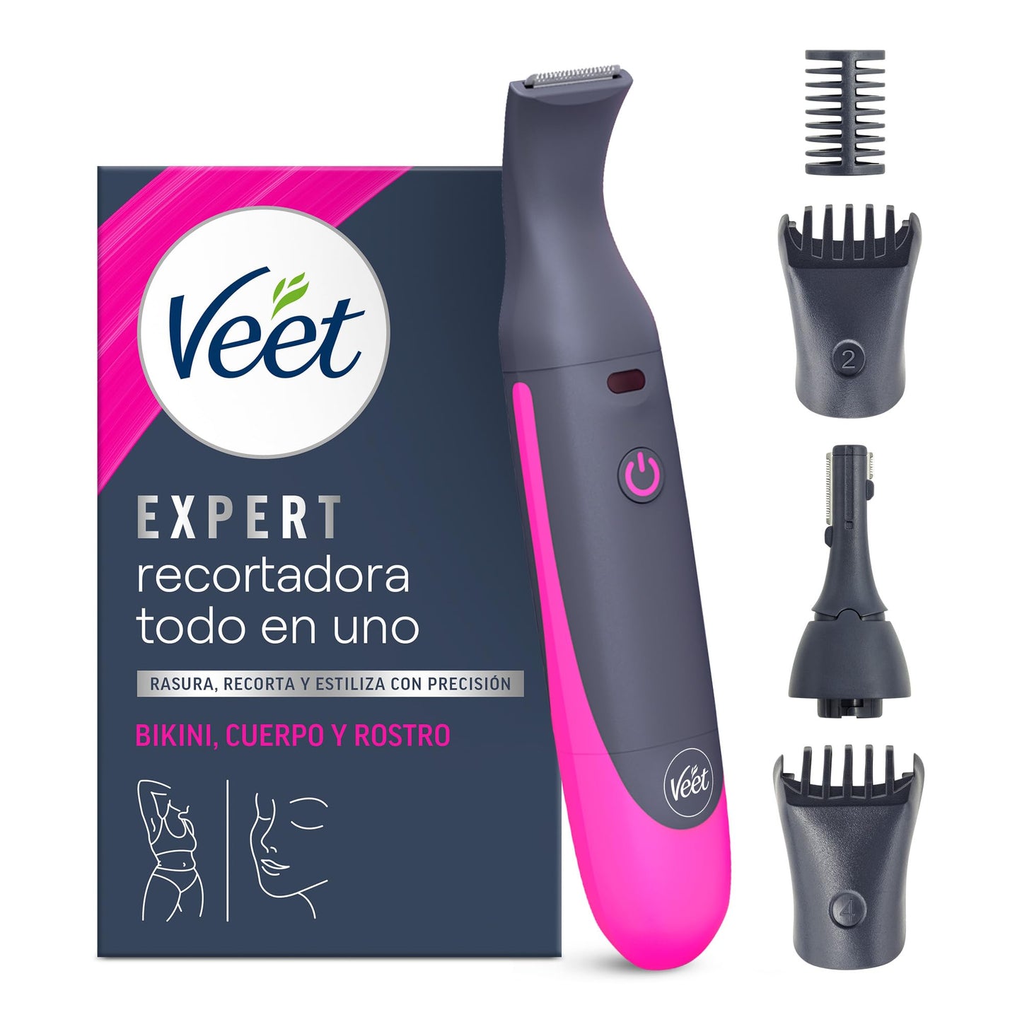 Veet Recortadora Todo en Uno, Bikini y Cuerpo Completo, Cara y Cejas, Rasuradora Mujer Zona Íntima Resistente al Agua, Con 2 Cabezales y 4 Peines para precisión, con Cargador USB