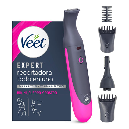 Veet Recortadora Todo en Uno, Bikini y Cuerpo Completo, Cara y Cejas, Rasuradora Mujer Zona Íntima Resistente al Agua, Con 2 Cabezales y 4 Peines para precisión, con Cargador USB