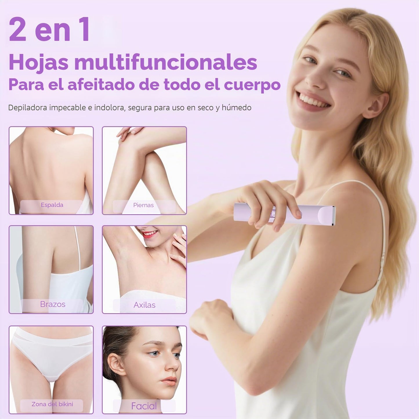 Midslinee Afeitadora Eléctrica 2 en 1 para Muje, Cortapelos Corporal para Mujer Recortadora para Zona Bikini Afeitado de Piernas Impermeable Pantalla LCD Seco/Mojado (Violeta)