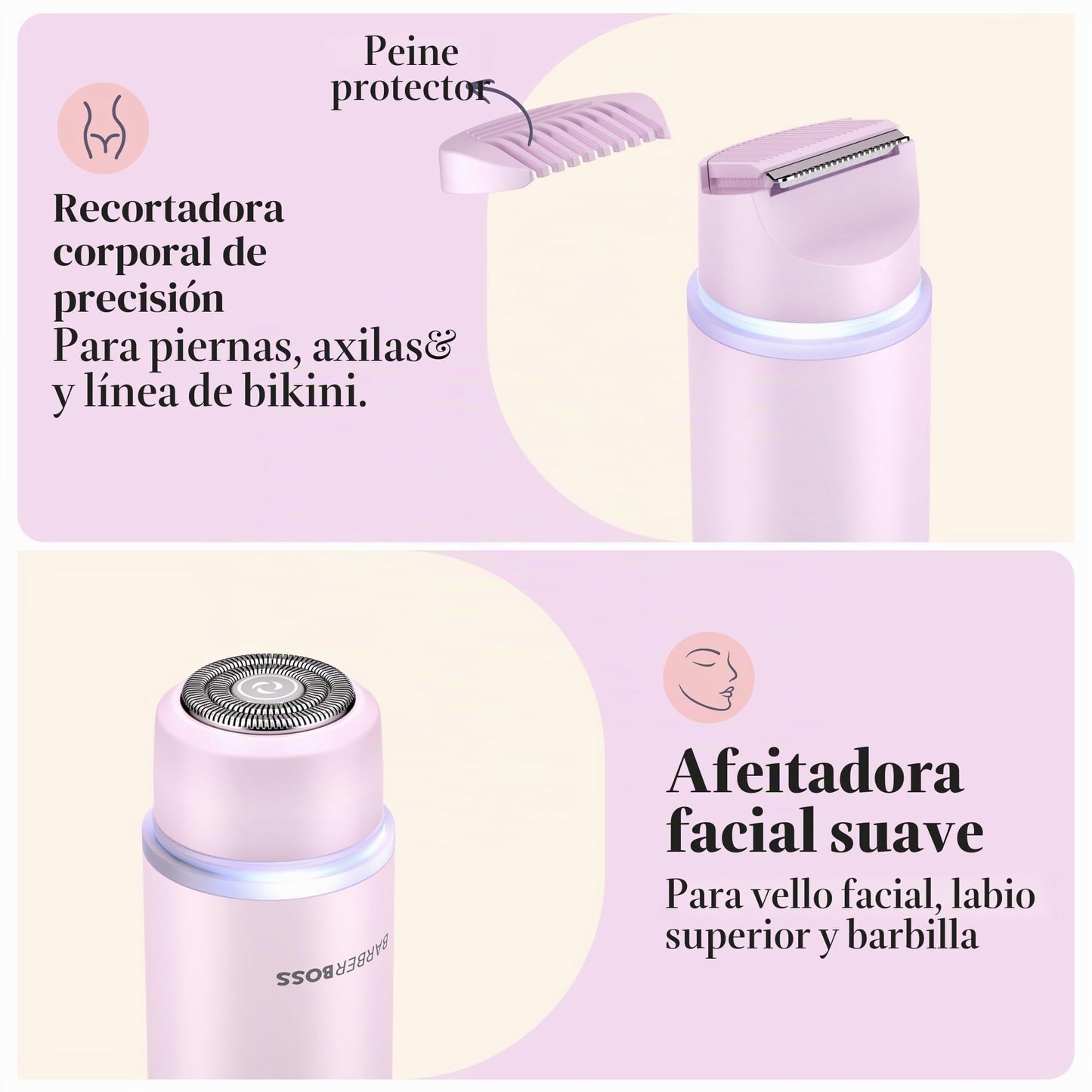 BarberBoss Kit de afeitadora 2 en 1 para mujer, kit de depilación facial y bikini de doble cabeza con luz de precisión, juego de recortadora de viaje recargable (Rosa)