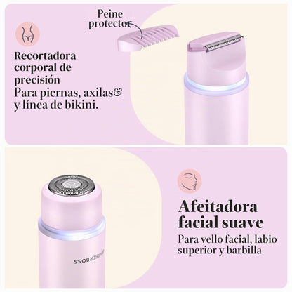 BarberBoss Kit de afeitadora 2 en 1 para mujer, kit de depilación facial y bikini de doble cabeza con luz de precisión, juego de recortadora de viaje recargable (Rosa)