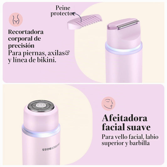 BarberBoss Kit de afeitadora 2 en 1 para mujer, kit de depilación facial y bikini de doble cabeza con luz de precisión, juego de recortadora de viaje recargable (Rosa)