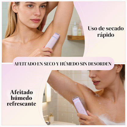 BarberBoss Kit de afeitadora 2 en 1 para mujer, kit de depilación facial y bikini de doble cabeza con luz de precisión, juego de recortadora de viaje recargable (Rosa)