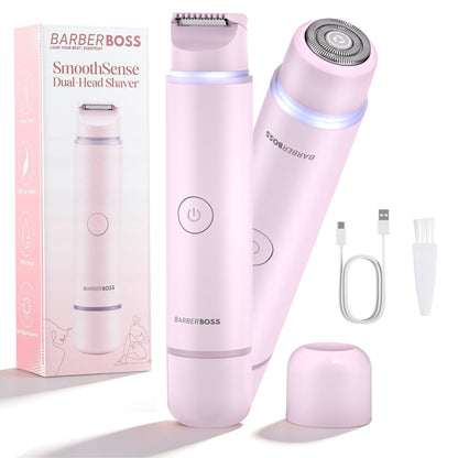 BarberBoss Kit de afeitadora 2 en 1 para mujer, kit de depilación facial y bikini de doble cabeza con luz de precisión, juego de recortadora de viaje recargable (Rosa)