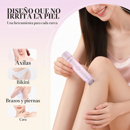 BarberBoss Kit de afeitadora 2 en 1 para mujer, kit de depilación facial y bikini de doble cabeza con luz de precisión, juego de recortadora de viaje recargable (Rosa)
